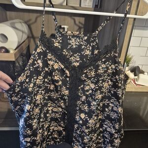 SHEIN Black Floral Lace-Trim Cami with Beige & Blue Flowers